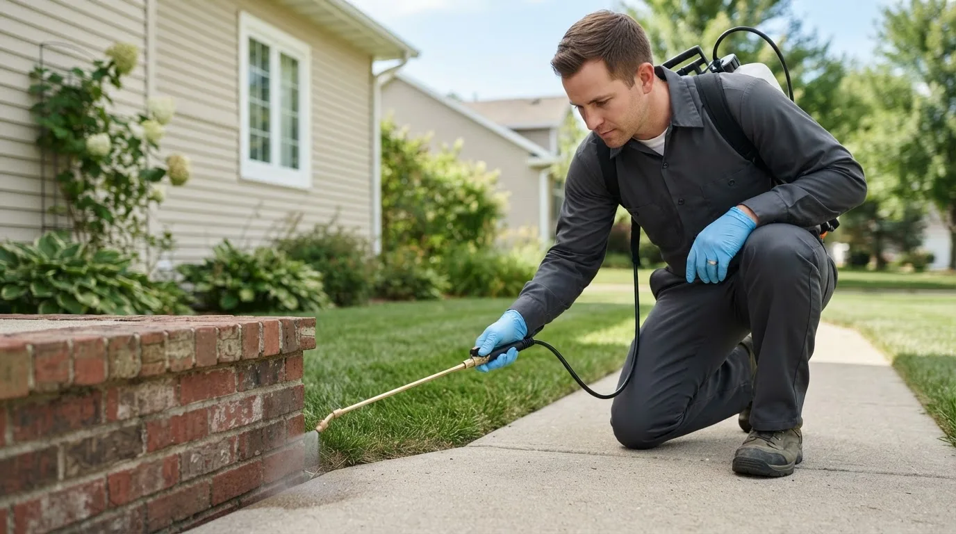 Pest control technician treating a home near Lookeba, OK