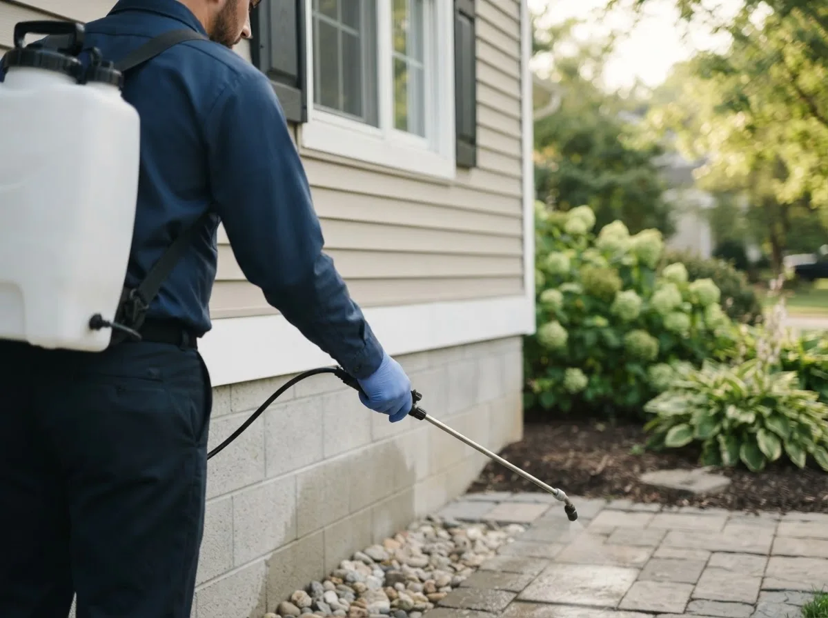 Pest control technician inspecting a home in Lookeba, OK